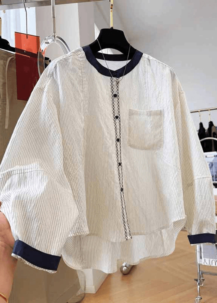 New Apricot O Neck Striped Pockets Cotton Blouse Tops Fall