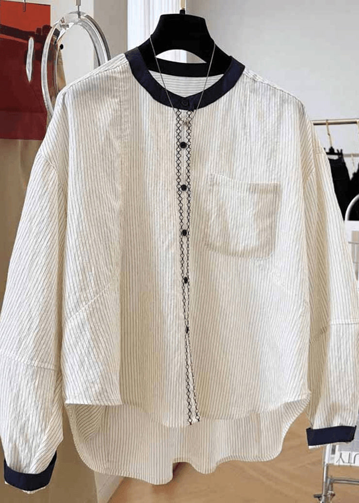 New Apricot O Neck Striped Pockets Cotton Blouse Tops Fall