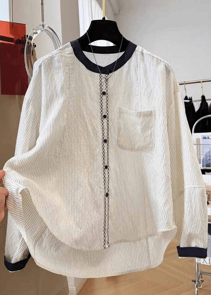 New Apricot O Neck Striped Pockets Cotton Blouse Tops Fall
