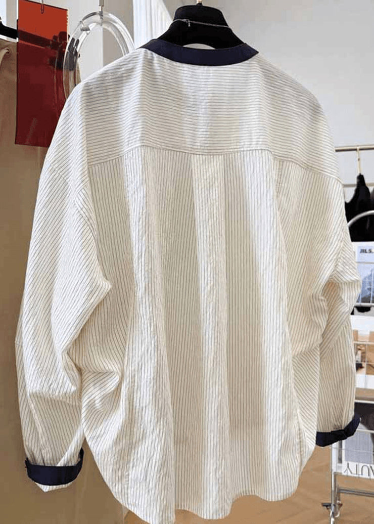 New Apricot O Neck Striped Pockets Cotton Blouse Tops Fall