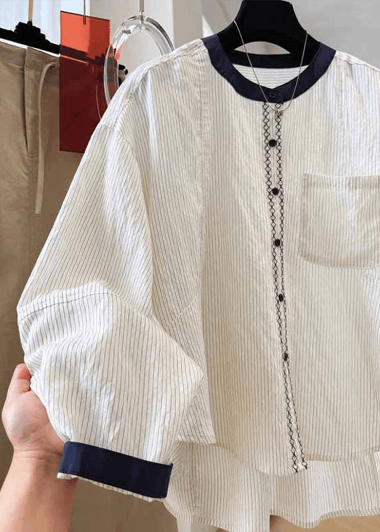 New Apricot O Neck Striped Pockets Cotton Blouse Tops Fall