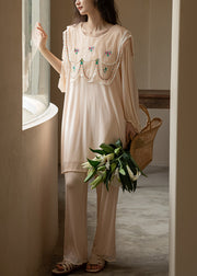 New Apricot Original Design Print Ice Silk Pajamas Two Pieces Set Fall