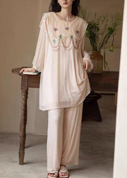 New Apricot Original Design Print Ice Silk Pajamas Two Pieces Set Fall