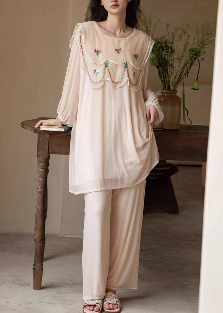 New Apricot Original Design Print Ice Silk Pajamas Two Pieces Set Fall