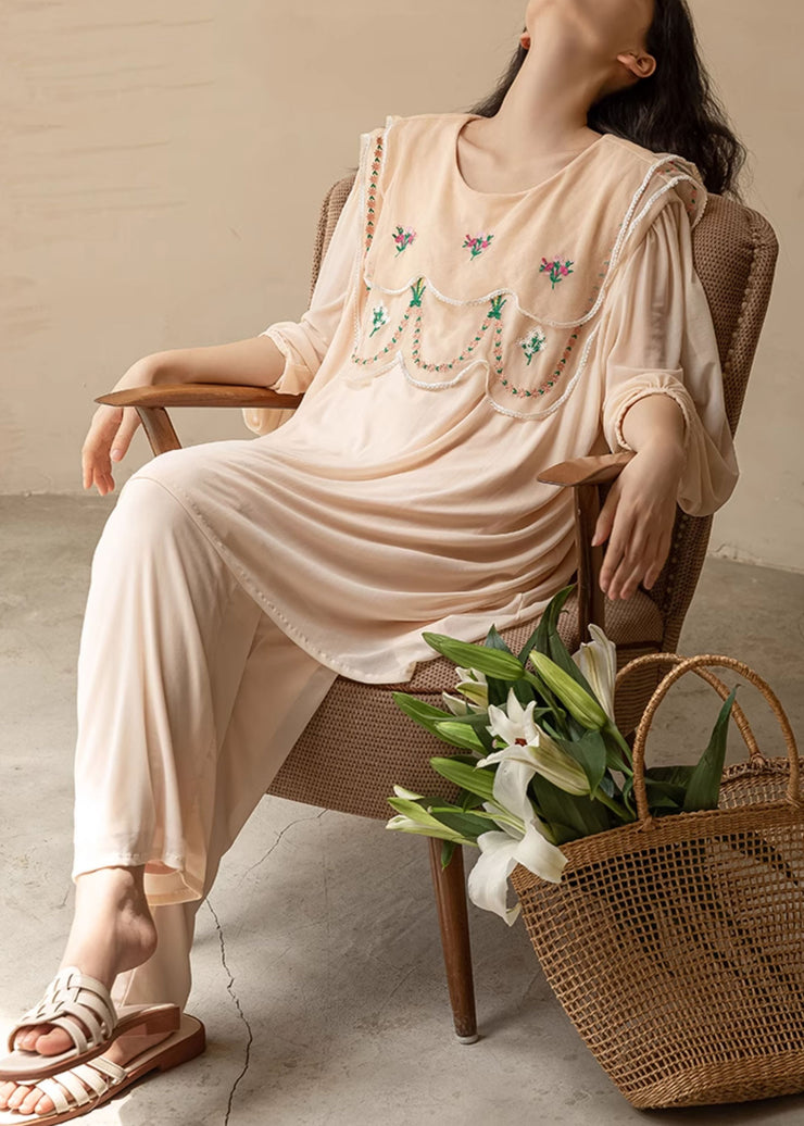 New Apricot Original Design Print Ice Silk Pajamas Two Pieces Set Fall