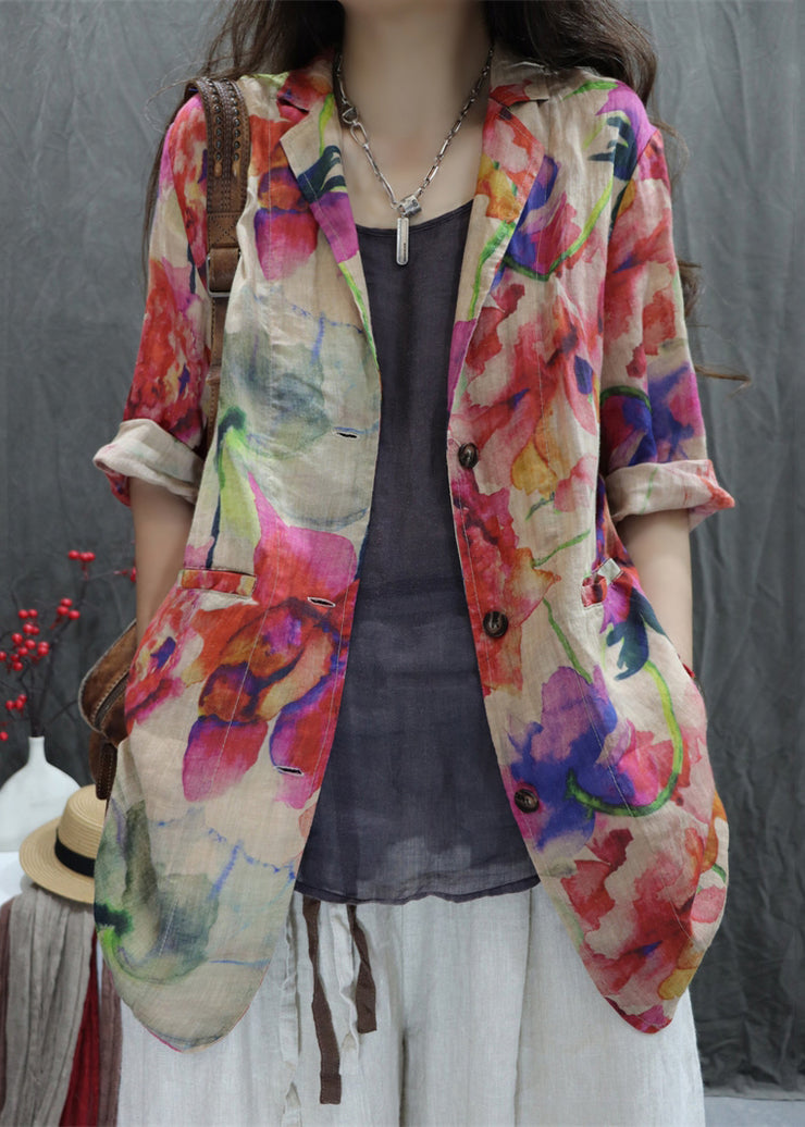 New Apricot Print Back Open Pockets Cotton Coats Bracelet Sleeve