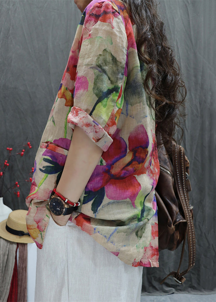 New Apricot Print Back Open Pockets Cotton Coats Bracelet Sleeve