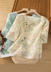 New Apricot Print Side Open Tulle Blouses Half Sleeve