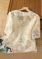 New Apricot Print Side Open Tulle Blouses Half Sleeve