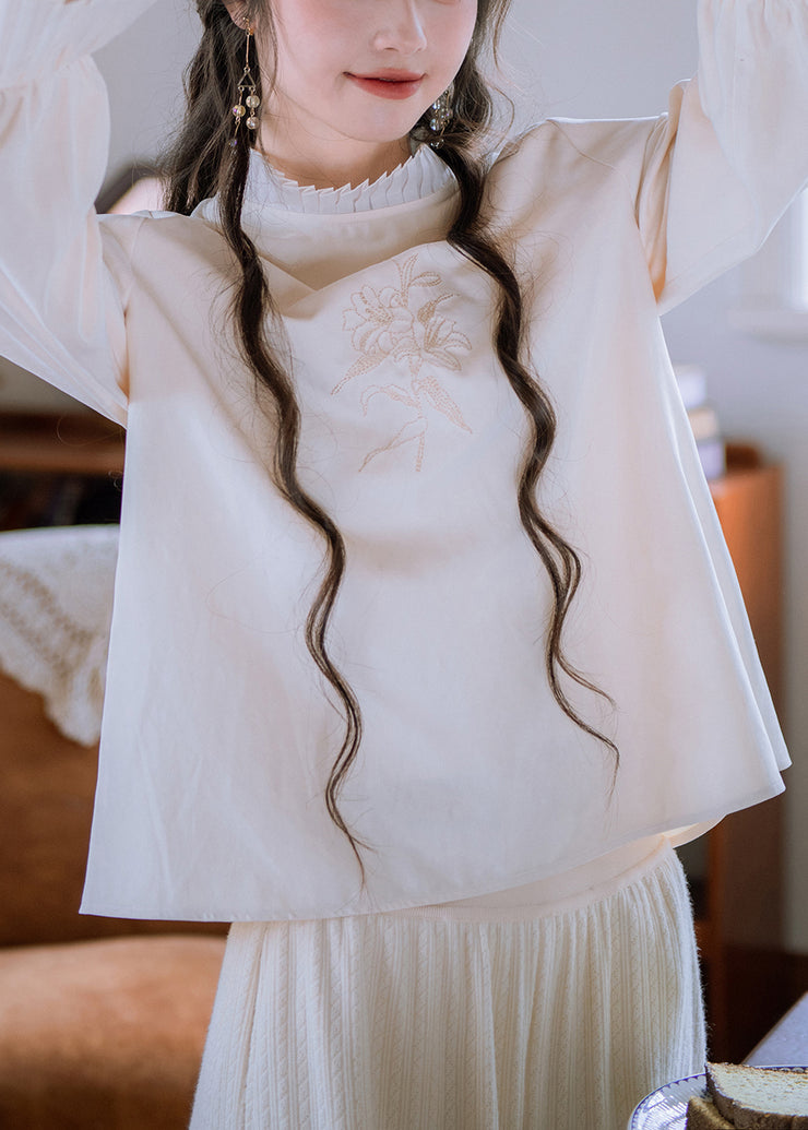 New Apricot Ruffled Embroidered Patchwork Cotton Top Fall