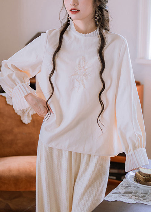 New Apricot Ruffled Embroidered Patchwork Cotton Top Fall