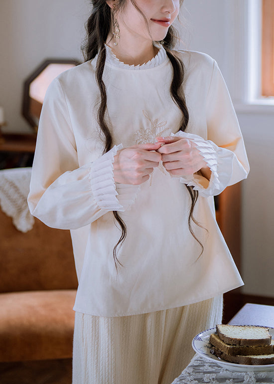 New Apricot Ruffled Embroidered Patchwork Cotton Top Fall