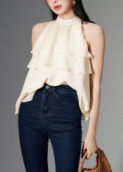 New Apricot Ruffled Solid Chiffon Top Sleeveless