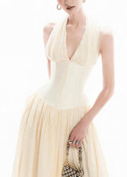 New Apricot V Neck Backless Patchwork Tulle Long Dresses Sleeveless