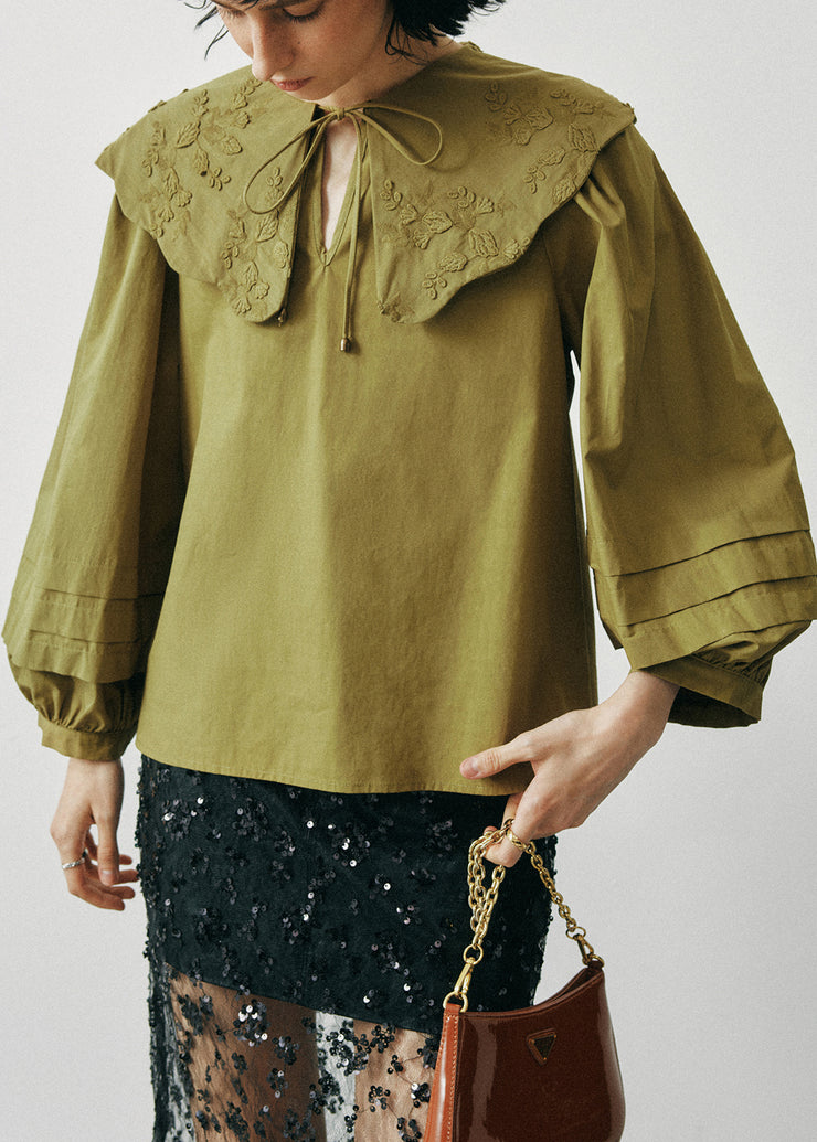New Army Green Ruffled Embroidered Cotton Shirts Lantern Sleeve