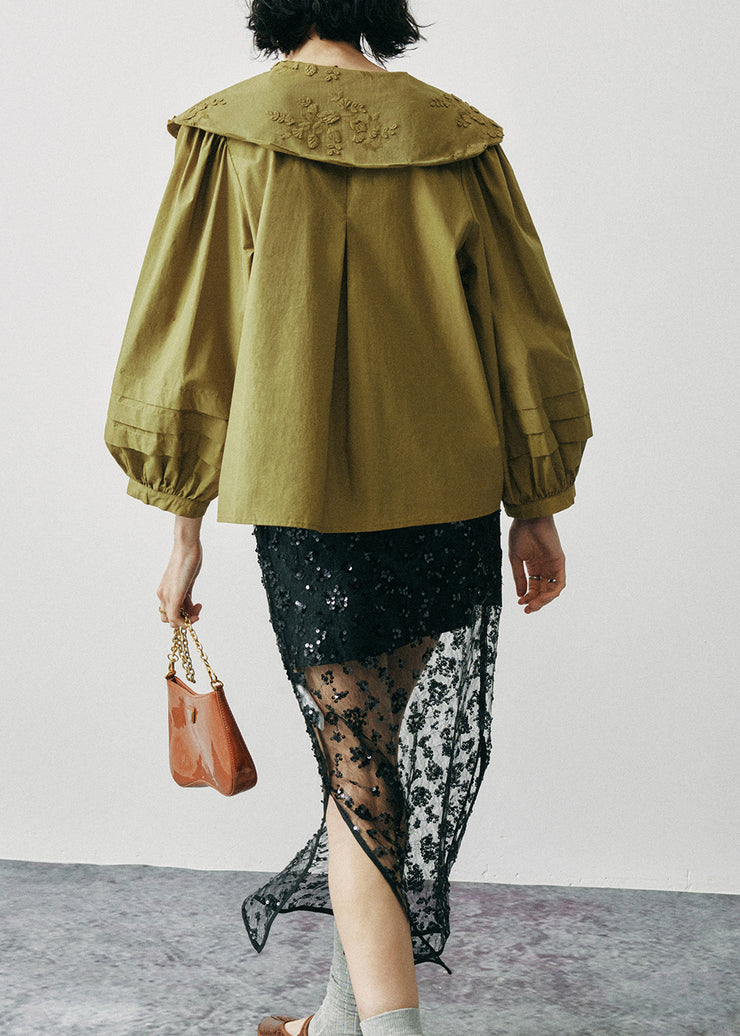 New Army Green Ruffled Embroidered Cotton Shirts Lantern Sleeve