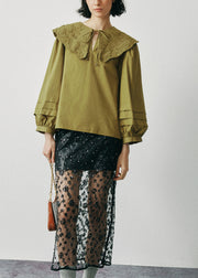 New Army Green Ruffled Embroidered Cotton Shirts Lantern Sleeve