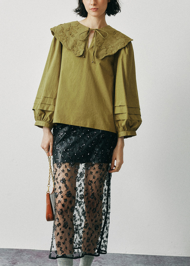 New Army Green Ruffled Embroidered Cotton Shirts Lantern Sleeve