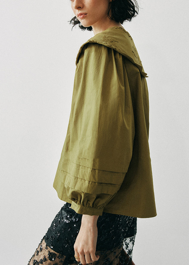 New Army Green Ruffled Embroidered Cotton Shirts Lantern Sleeve