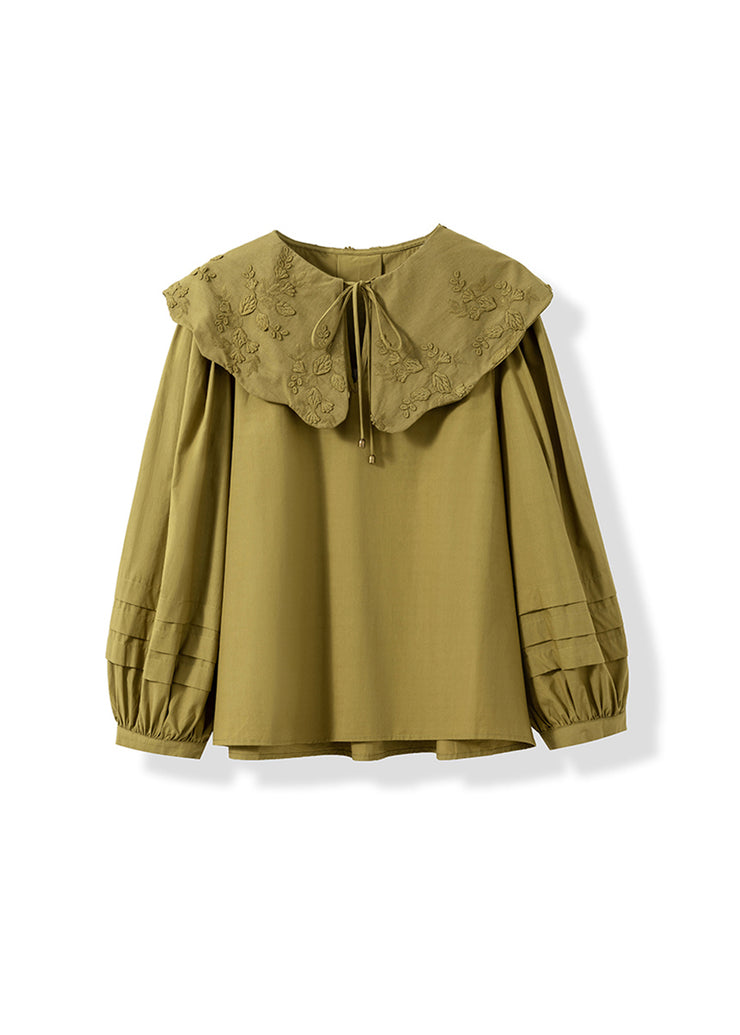 New Army Green Ruffled Embroidered Cotton Shirts Lantern Sleeve