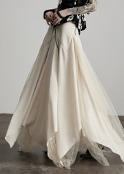 New Beige Asymmetrical Tulle Patchwork Linen Silk Skirt Fall