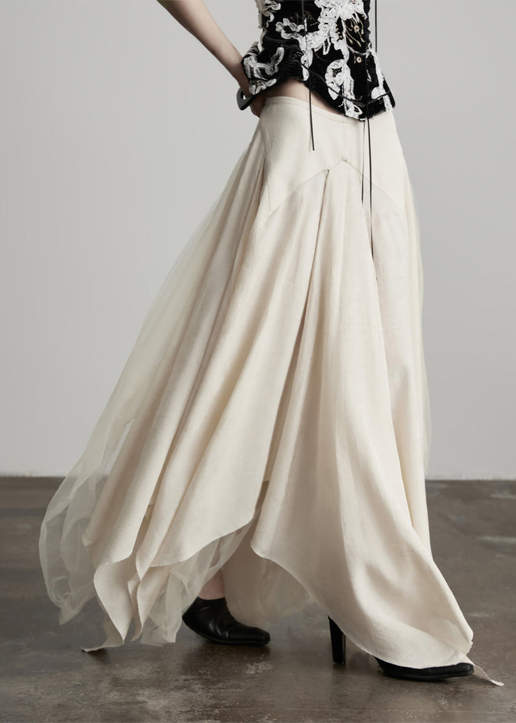 New Beige Asymmetrical Tulle Patchwork Linen Silk Skirt Fall