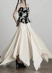 New Beige Asymmetrical Tulle Patchwork Linen Silk Skirt Fall