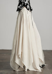 New Beige Asymmetrical Tulle Patchwork Linen Silk Skirt Fall
