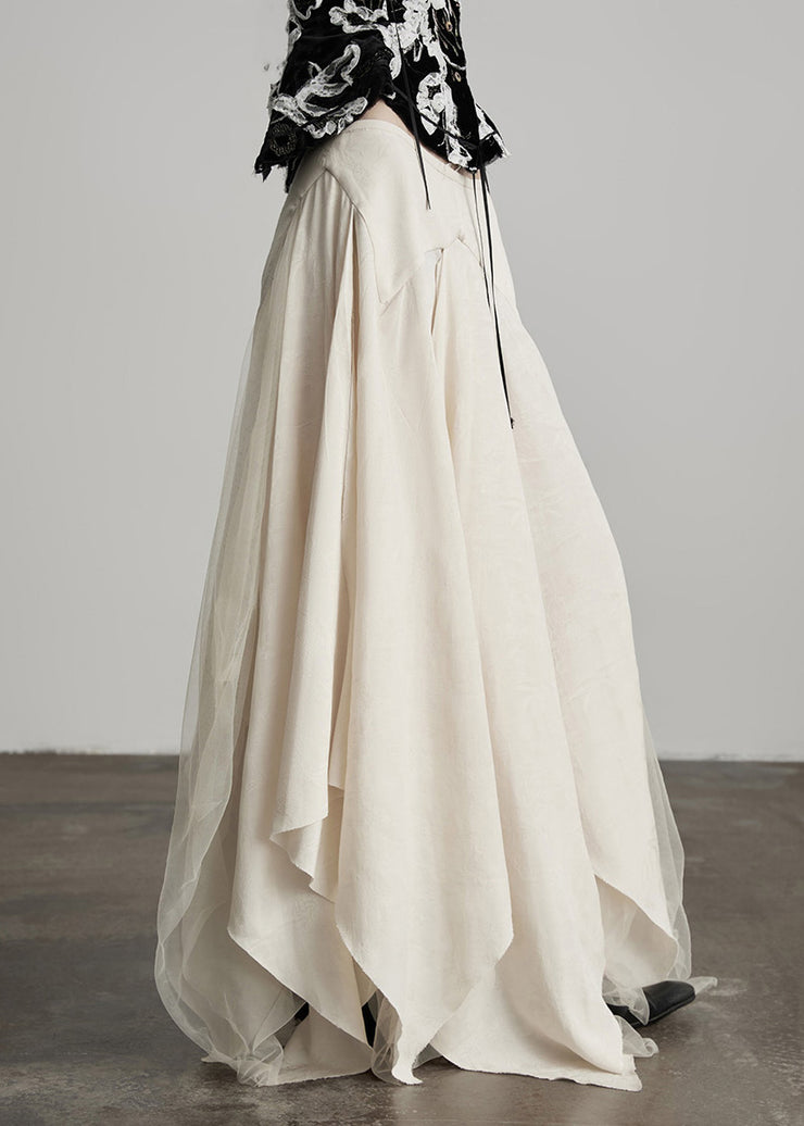 New Beige Asymmetrical Tulle Patchwork Linen Silk Skirt Fall