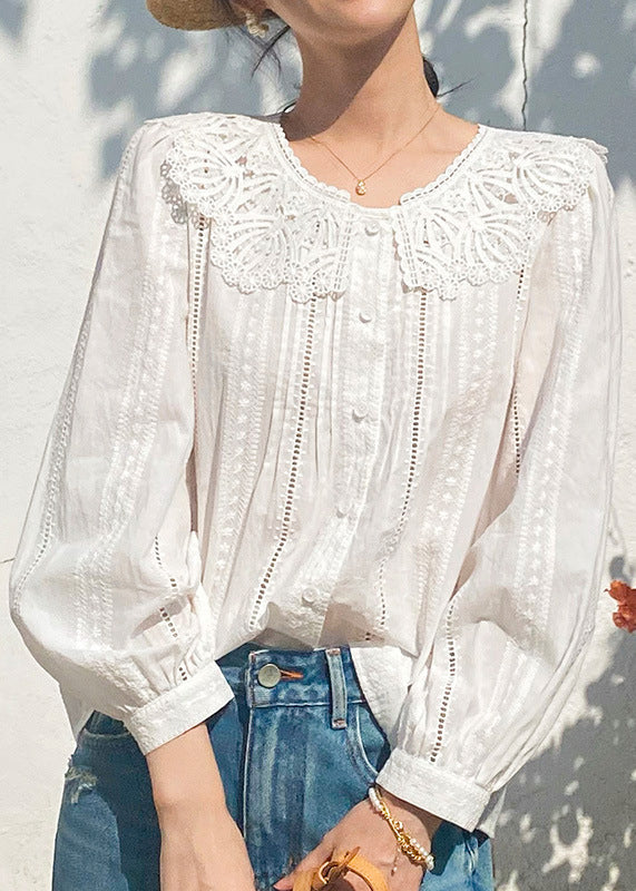 New Beige Embroidered Hollow Out Cotton Blouses Spring