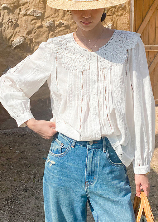New Beige Embroidered Hollow Out Cotton Blouses Spring
