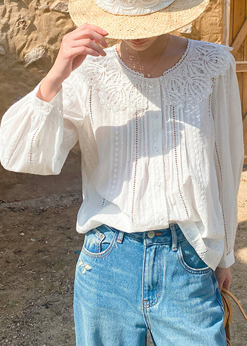 New Beige Embroidered Hollow Out Cotton Blouses Spring