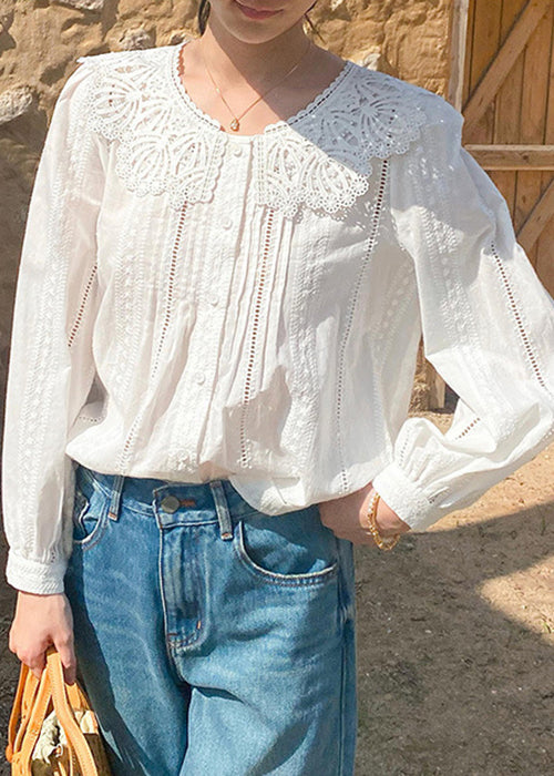 New Beige Embroidered Hollow Out Cotton Blouses Spring