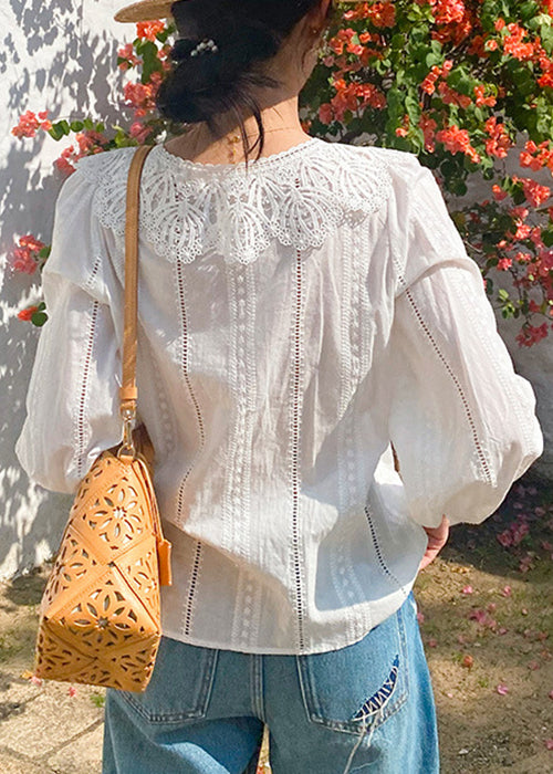 New Beige Embroidered Hollow Out Cotton Blouses Spring