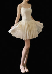 New Beige Embroidered Wrinkled Cotton Mini Dresses Sleeveless
