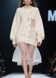 New Beige Nail Bead Tulle Patchwork Knit Sweaters Dress Fall