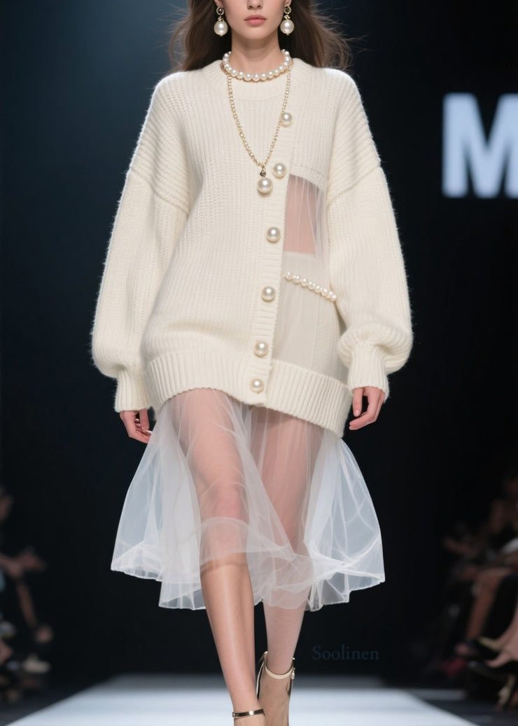 New Beige Nail Bead Tulle Patchwork Knit Sweaters Dress Fall