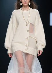 New Beige Nail Bead Tulle Patchwork Knit Sweaters Dress Fall