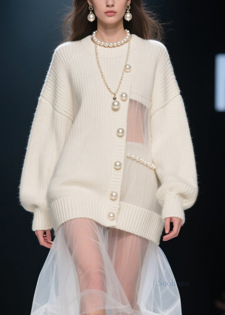 New Beige Nail Bead Tulle Patchwork Knit Sweaters Dress Fall