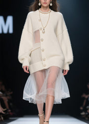 New Beige Nail Bead Tulle Patchwork Knit Sweaters Dress Fall