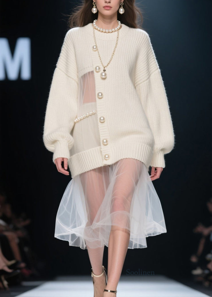 New Beige Nail Bead Tulle Patchwork Knit Sweaters Dress Fall