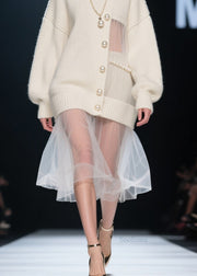 New Beige Nail Bead Tulle Patchwork Knit Sweaters Dress Fall