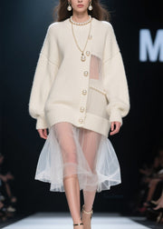 New Beige Nail Bead Tulle Patchwork Knit Sweaters Dress Fall