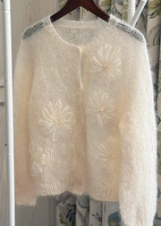 New Beige O Neck Floral Mohair Knitted Cardigans Fall