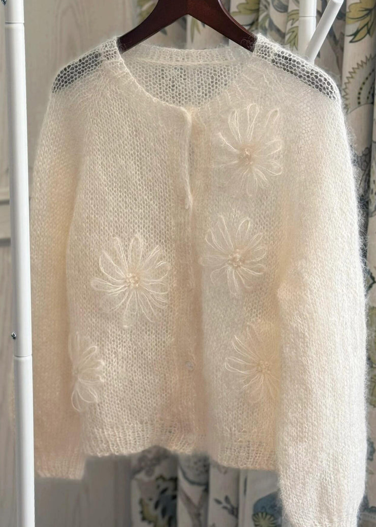New Beige O Neck Floral Mohair Knitted Cardigans Fall