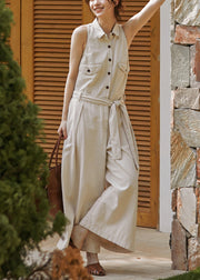 New Beige Peter Pan Collar Button Lace Up Cotton Jumpsuits Sleeveless