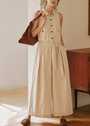 New Beige Peter Pan Collar Button Lace Up Cotton Jumpsuits Sleeveless