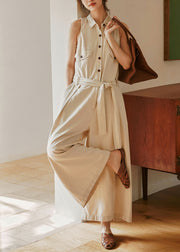 New Beige Peter Pan Collar Button Lace Up Cotton Jumpsuits Sleeveless