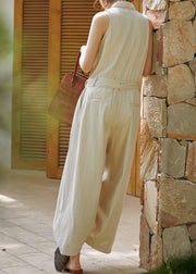 New Beige Peter Pan Collar Button Lace Up Cotton Jumpsuits Sleeveless