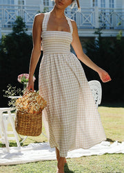 New Beige Plaid Lace Up Backless Cotton Dress Summer
